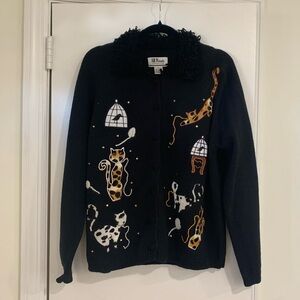 Vintage All Points Cat Button Front Cardigan Sweater Beaded Size Large Ramie